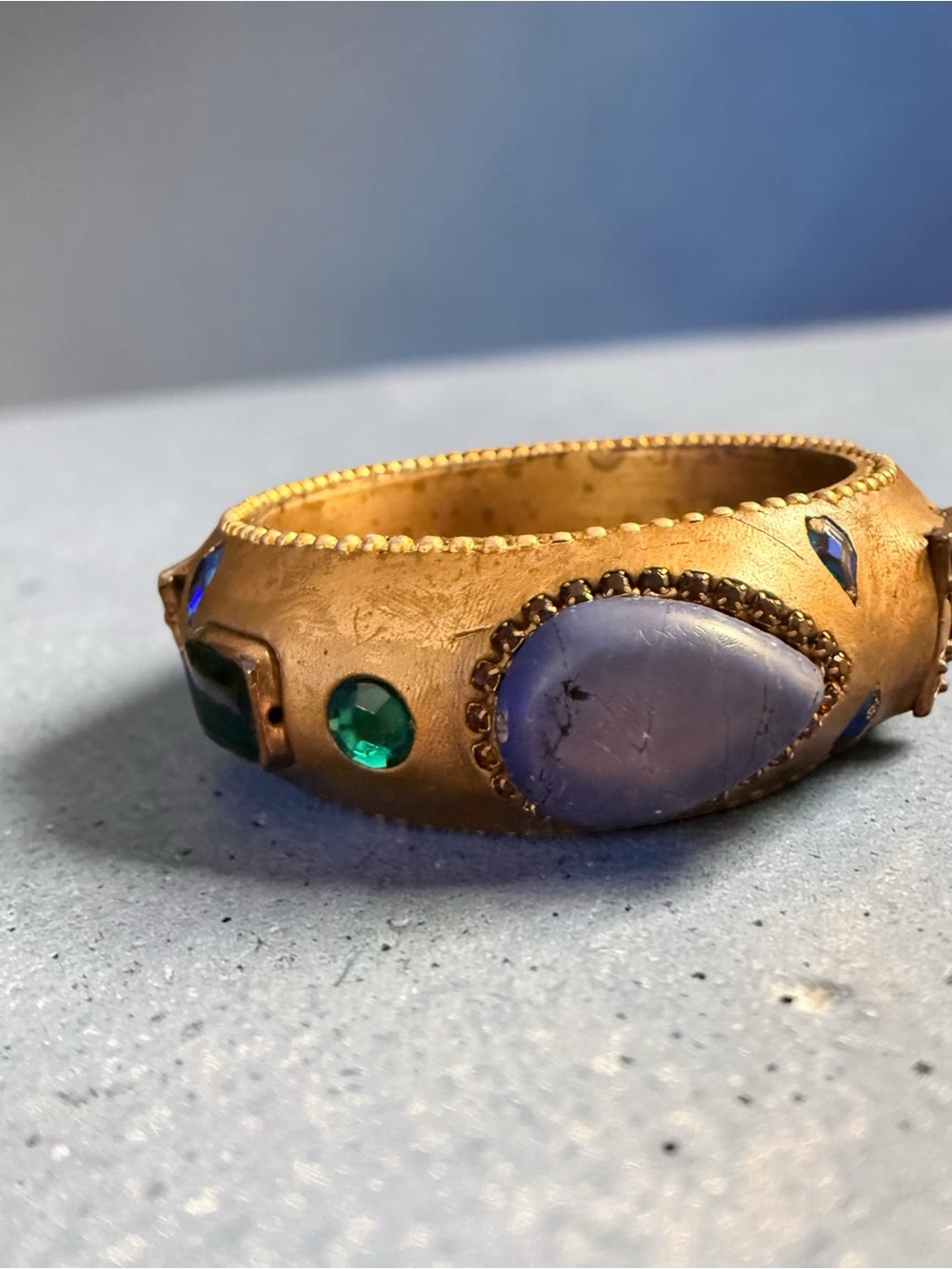 Gorgeous Chunky Gold Tone Statement Cuff Bracelet Blue Green Faux Gemstone Boho